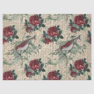 Vintage Red Roses and Birds Decoupage Tissue Paper