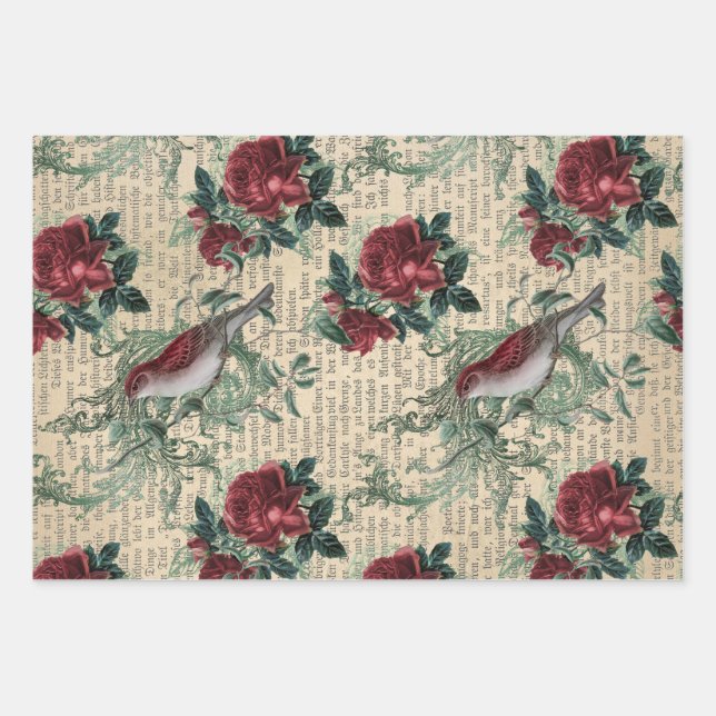 Vintage Red Roses and Birds Wrapping Paper Sheet (Front)