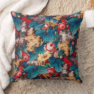 Vintage red roses and lilac floral pattern cushion