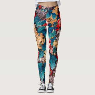 Vintage red roses and lilac floral pattern leggings