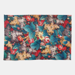 Vintage red roses and lilac floral pattern tea towel