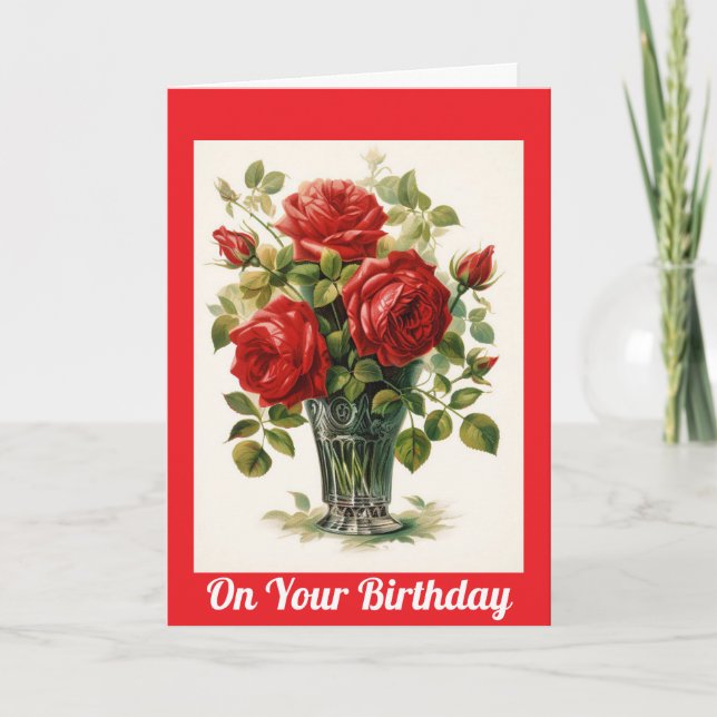  Vintage Red Roses Birthday Card (Front)