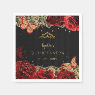 Vintage Red  Roses Black Gold Lace Quinceañera Napkin