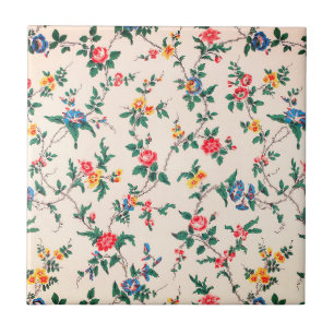 Vintage red roses blue flowers floral pattern tile
