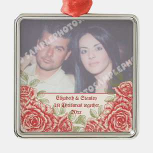 Vintage Red roses Couple's first Christmas photo Metal Tree Decoration