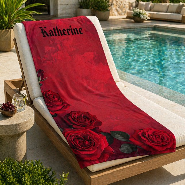 Vintage Red Roses Custom Name Beach Towel (Creator Uploaded)