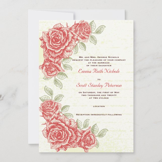 Vintage red roses custom wedding invitation (Front)