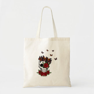 Vintage Red Roses Flowers And Butterfly Skull  Tote Bag