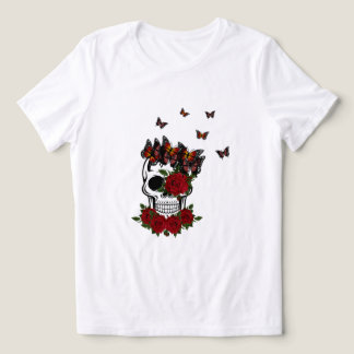 Vintage Red Roses Flowers And Butterfly Skull Tri-Blend Shirt