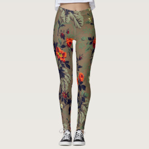 Vintage red roses flowers floral pattern leggings