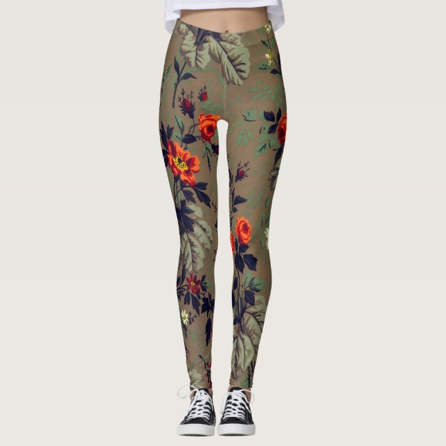 Vintage red roses flowers floral pattern leggings (Front)