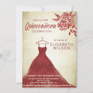 Vintage red roses glittery dress Quinceañera  Invitation