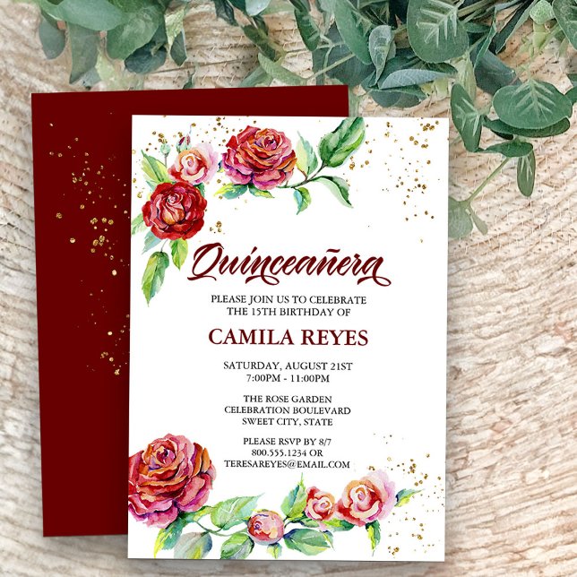 Vintage Red Roses Gold Confetti Floral Quinceanera Invitation (Quinceanera invitation from my Vintage Floral Red Roses Quinceanera Collection)