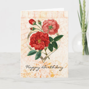 Vintage Red Roses in Gold Heart Birthday Card