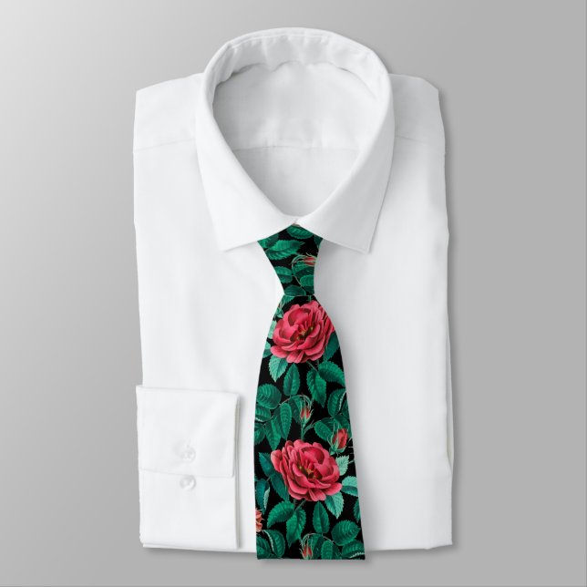 Vintage Red Roses Pattern Tie (Tied)