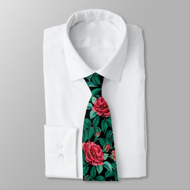 Vintage Red Roses Pattern Tie (Tied)