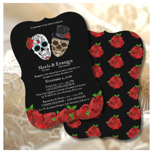Vintage Red Roses Sugar Skulls Wedding Invitation
