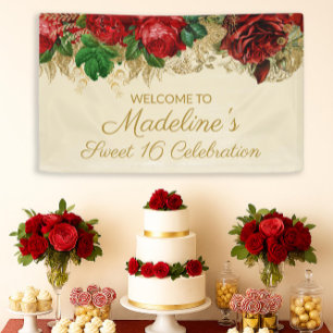 Vintage Red Roses Sweet 16 Banner