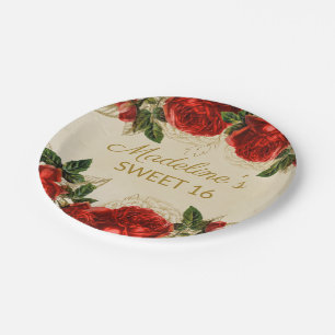 Vintage Red Roses Sweet 16 Birthday   Paper Plate