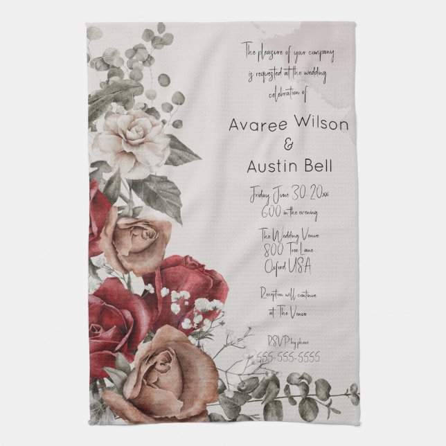 Vintage Red Roses Wedding Invitation Tea Towel (Vertical)