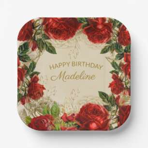 Vintage Red Roses Women's Happy Birthday Paper Paper Plate