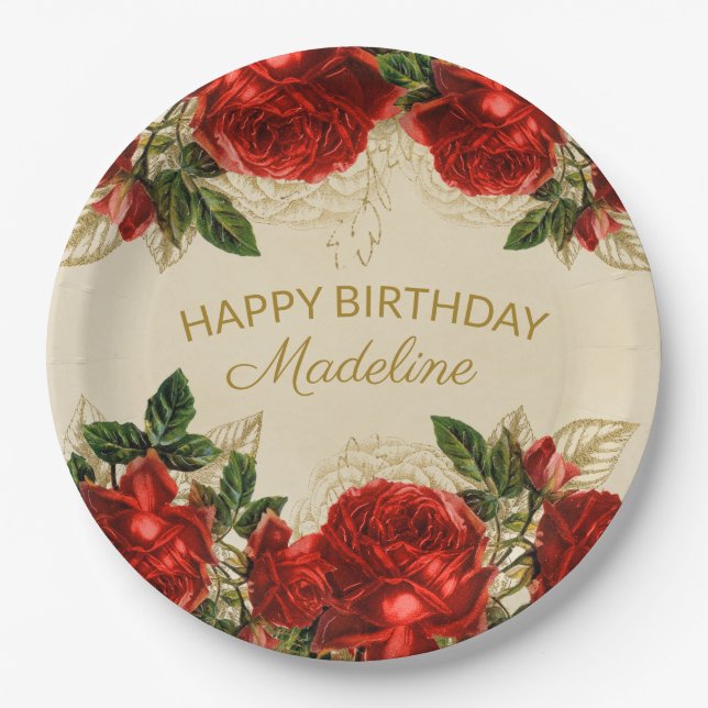 Vintage Red Roses Women's Happy Birthday Paper Plate (Front)