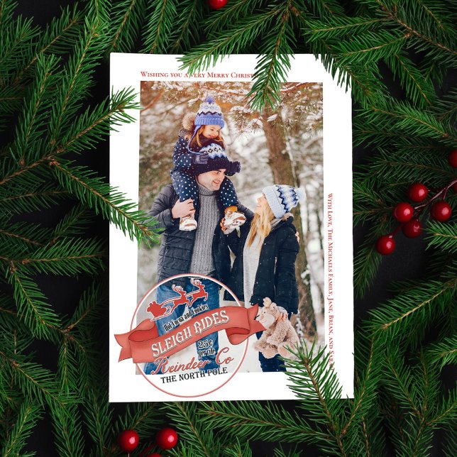 Vintage Red Sleigh Rides One Photo Holiday Card (Whimsical Santa Sleigh rides typography sign. )