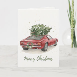 Vintage Red Sports Car with Christmas Tree Card