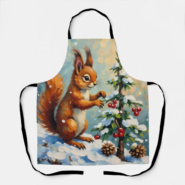 Vintage Red Squirrel Pine Tree Christmas Apron (Front)