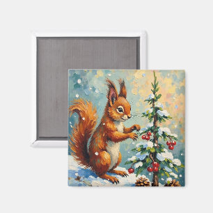 Vintage Red Squirrel Pine Tree Christmas Magnet