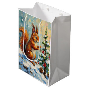 Vintage Red Squirrel Pine Tree Christmas Medium Gift Bag