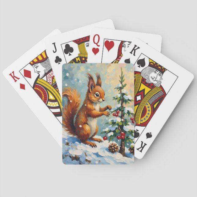 Vintage Red Squirrel Pine Tree Christmas Playing Cards (Back)