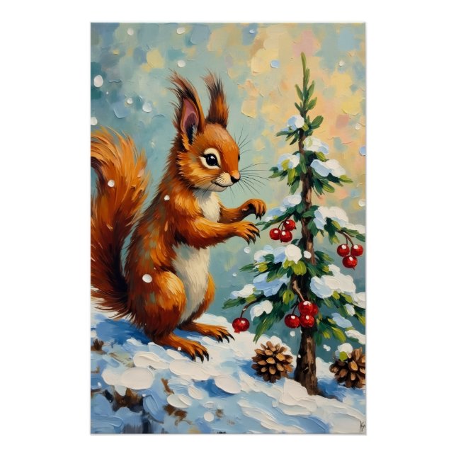 Vintage Red Squirrel Pine Tree Christmas Poster (Front)