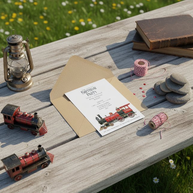 Vintage Red Steam Train Birthday Party Invitation  (Vintage Red Steam Train Birthday Party Invitation)