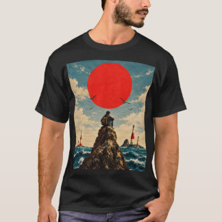 Vintage Red Sun Ocean and Lone Traveller T-Shirt