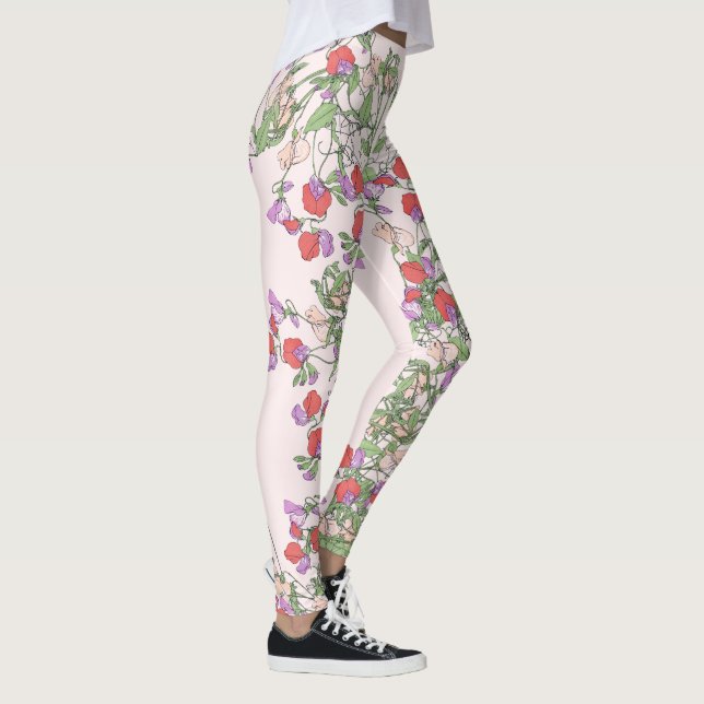 Vintage Red Sweet Pea Flowers Floral Leggings (Right)