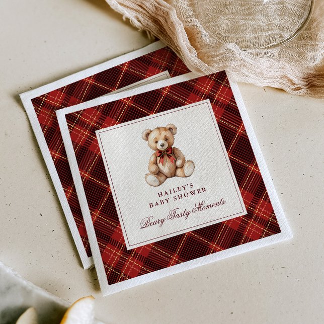 Vintage Red Tartan Teddy Bear Baby Shower Napkin (Creator Uploaded)