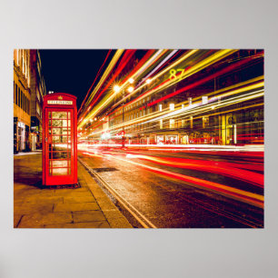 Vintage Red Telephone Box at Night in London Poster
