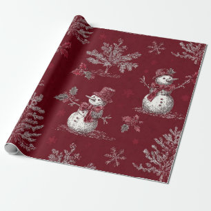 Vintage Red Toile Christmas Botanical - Snowman Wrapping Paper