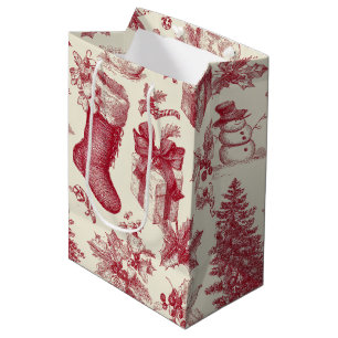 Vintage Red Toile Christmas Pattern with Stockings Medium Gift Bag
