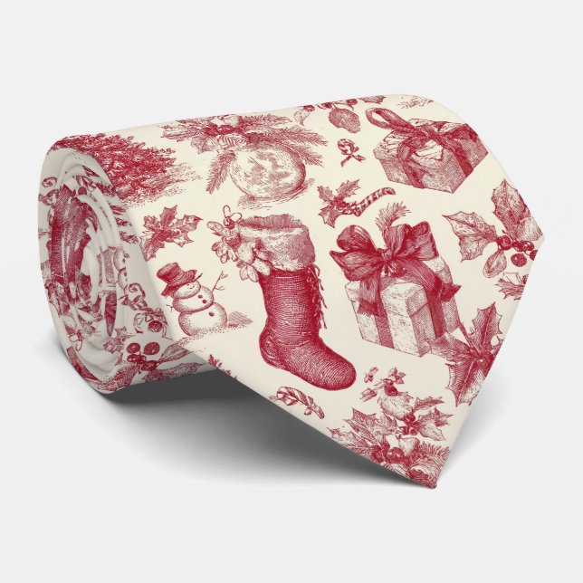 Vintage Red Toile Christmas Pattern with Stockings Tie (Rolled)