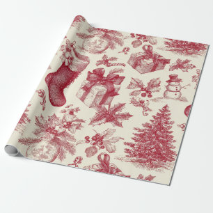 Vintage Red Toile Christmas Pattern with Stockings Wrapping Paper