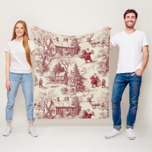 Vintage Red Toile Christmas Village - Santa Fleece Blanket