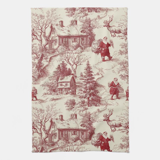 Vintage Red Toile Christmas Village - Santa Tea Towel (Vertical)