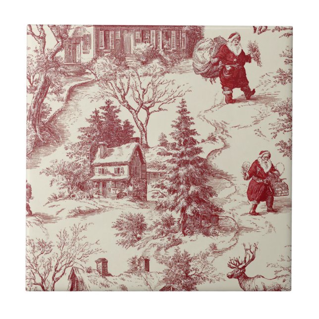 Vintage Red Toile Christmas Village - Santa Tile (Front)