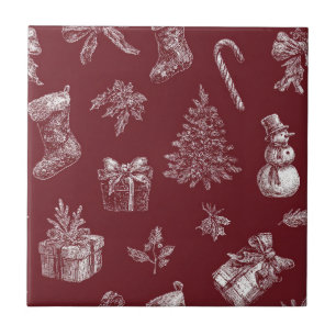 Vintage Red Toile Christmas with Stockings (2) Tile
