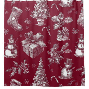 Vintage Red Toile Christmas with Stockings Shower Curtain
