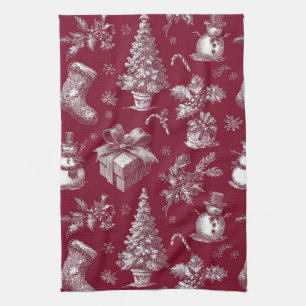 Vintage Red Toile Christmas with Stockings Tea Towel