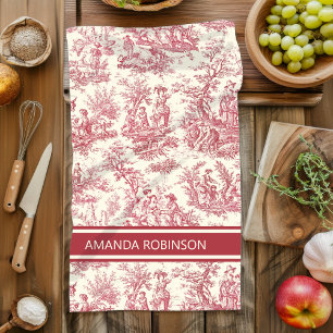 Vintage Red Toile De Jouy Countryside Scene Tea Towel