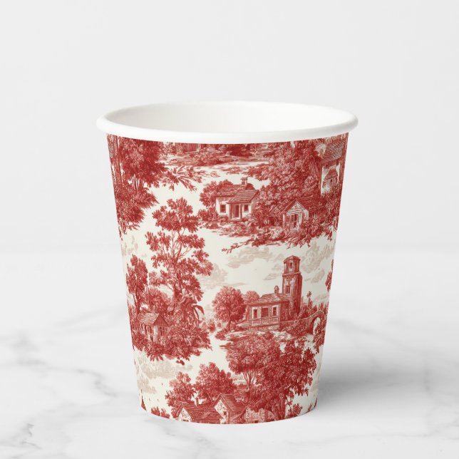 Vintage Red Toile Landscape Nature Pattern Paper Cups (Front)
